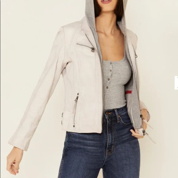 Jacket vegan leather moto style white with gray hood insert - Picture 6 of 7